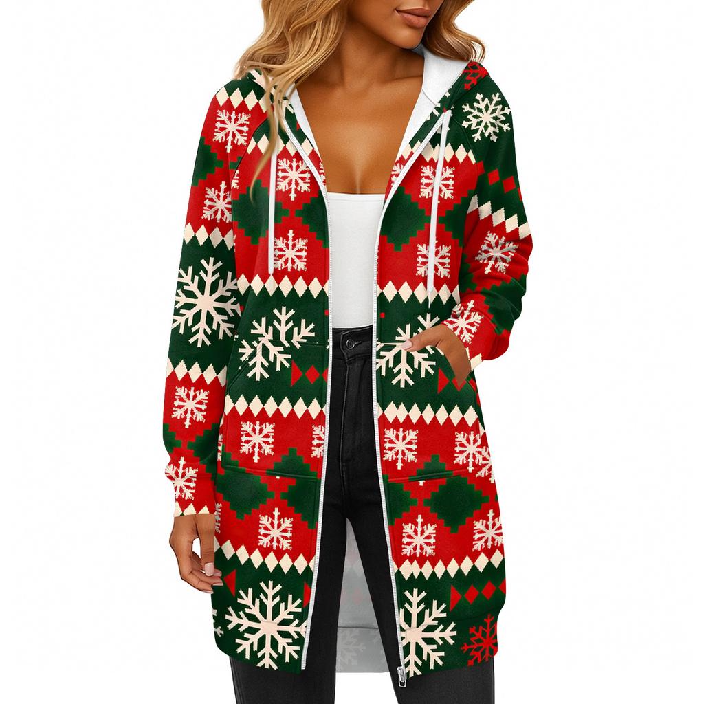 Women's Fashionable Christmas Printed Long Sleeved Drawstring Hooded Zipper Pocket Long Casual Sweatshirt Jacket