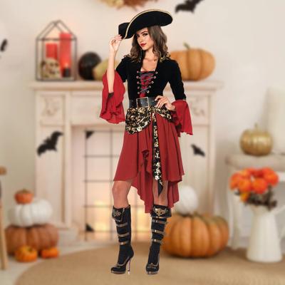 Halloween Cosplay Dress Pirate Queen Dance Party Stage Performance Costume Bell Sleeves Irregular Hem Lace-up Strap