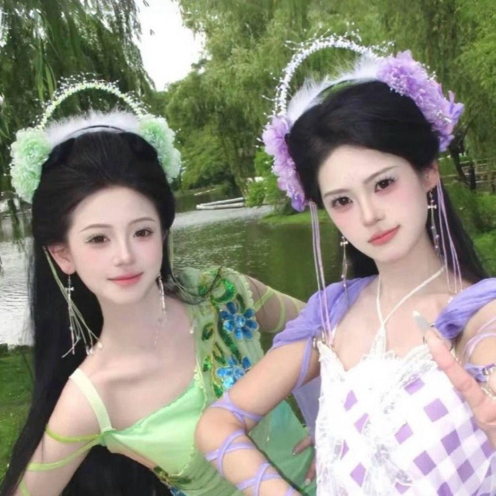 Perlenquasten-Haarreif Feder Hanfu Haaraccessoires Liebliches Blumen-Stirnband Mädchen