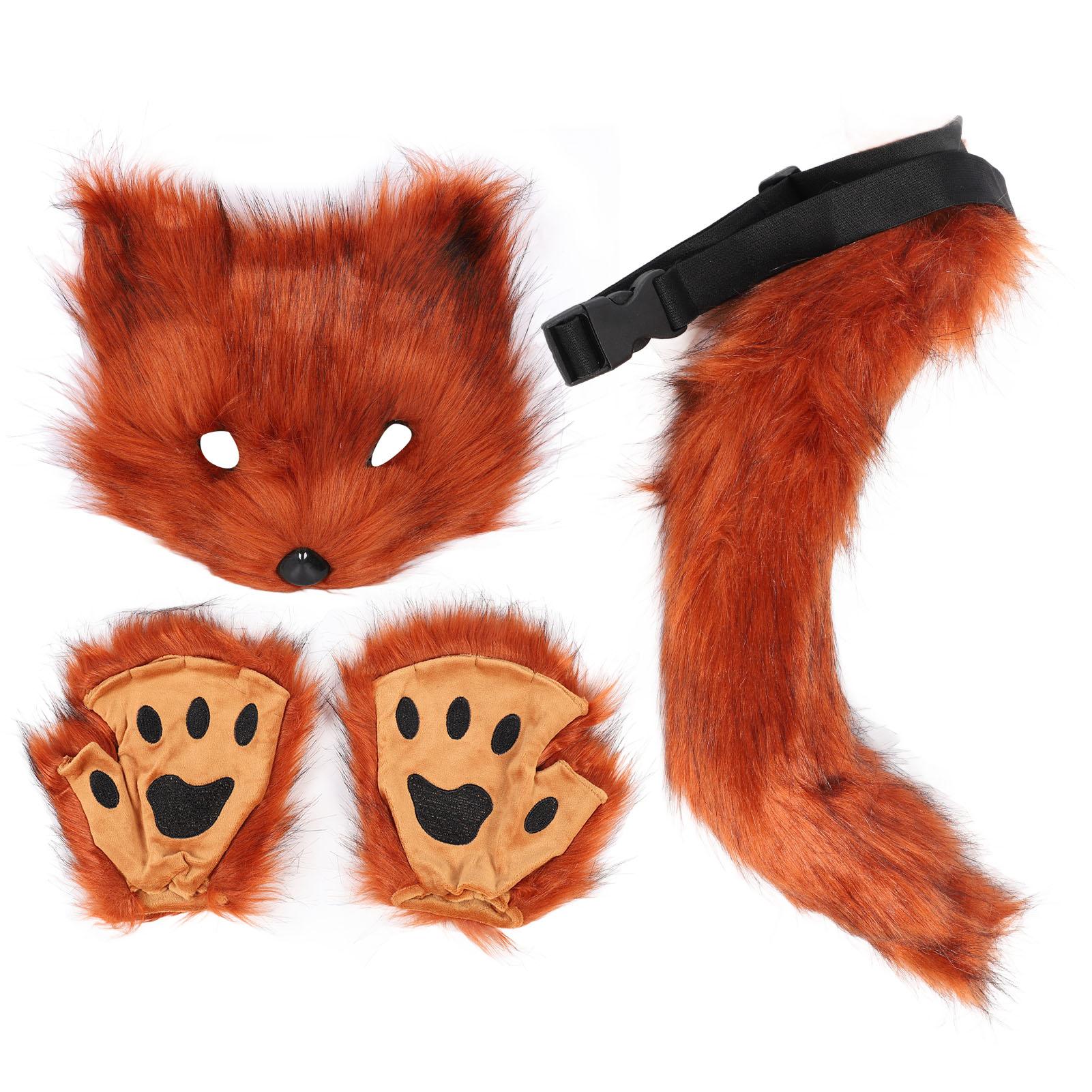 

Лисий чехол для лица перчатки хвосты комплект пушистый плюш искусственный мех мягкий приятный для кожи костюм аксессуары животное Red Brown