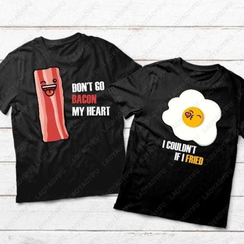 Funny Couple Unisex Adult Cotton TShirts His Hers Matching Shirt Boyfriend Girlfriend Fried Eggs with Bacon Casual Lovely Tee