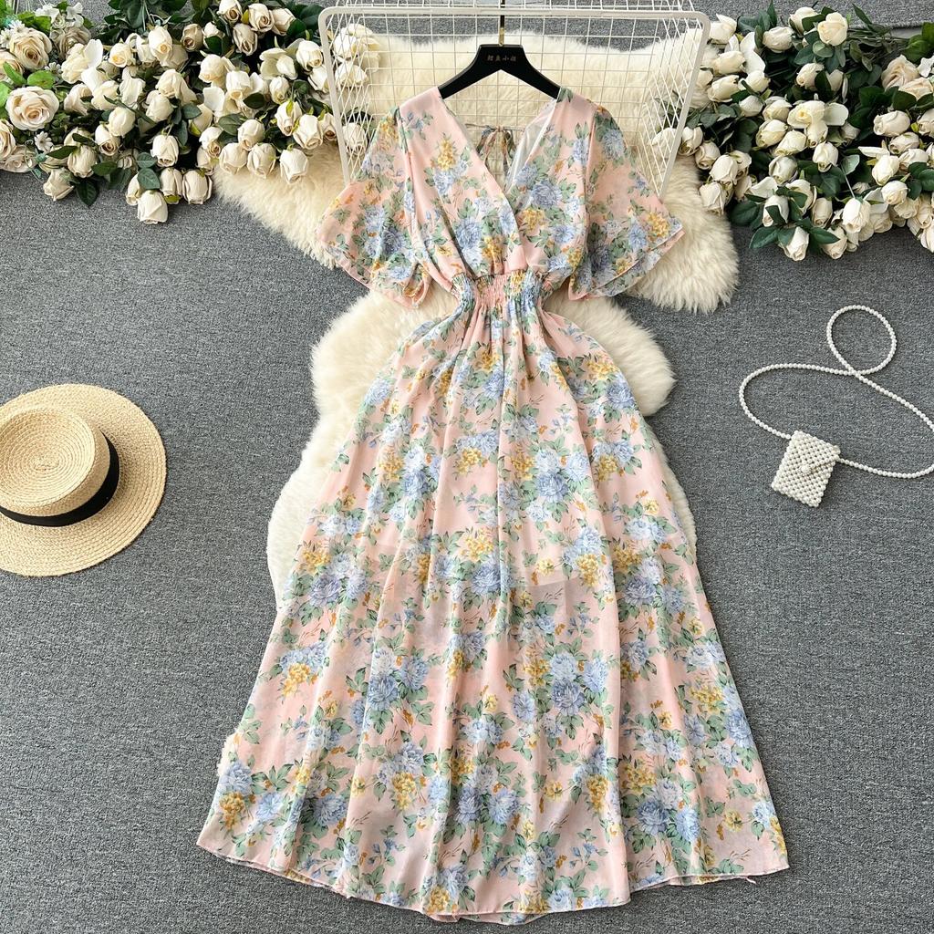 Abito Chiffon Stampato Sle Vacanza al Mare Donna Estate Nuovo Scollo a V Aderente in Vita Snellente Lunghezza Media Ampia Gonna a Ruota Moda
