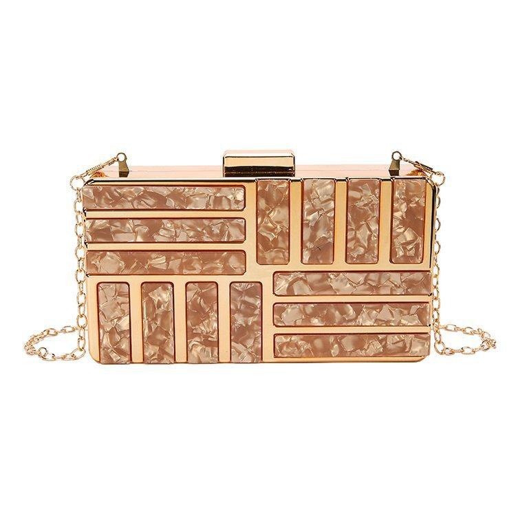 New Acrylic Banquet Bag Cross Border Banquet Handheld Gold Evening Bag Fashion One Shoulder Spliced Metal Small Square Bag