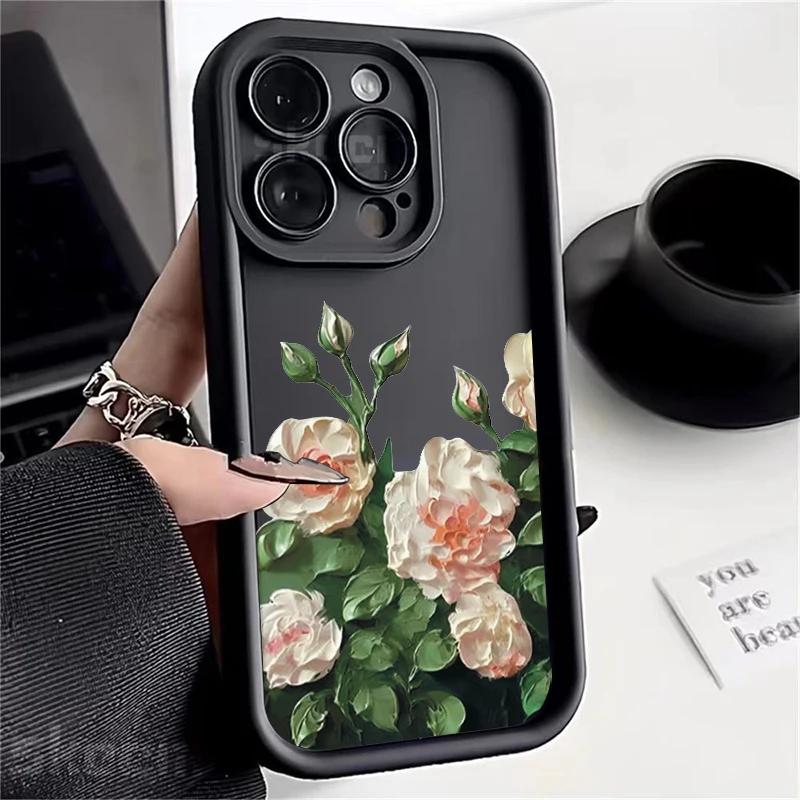Oil Painting White Rose Flower Silicone Phone Case For iPhone 15 14 13 12 11 Pro Max XS X XR 7 8 Plus Shockproof Soft Cover