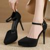Fashion New Pointed Toe Platform Women Sandals Flock Buckle Strap Stripper Party Thin High Heel Shoes Sexy Female Pumps Zapatos De Mujer