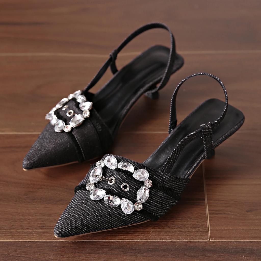 Fashion Denim Blue Women Sandals Elegant High Heels Slingback Pointed Toe Shoes Fashion Desiger Rhinestone Woman Pumps Wedding Shoes