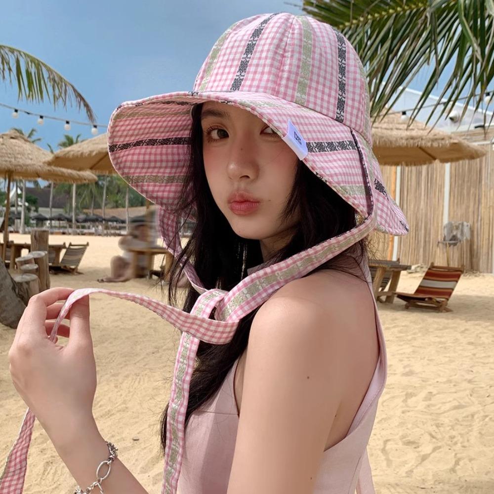 UV Protection Strappy Sun Hat Quick-dry Plaid Bucket Cap Fashion Seaside Fisherman Hat  Beach