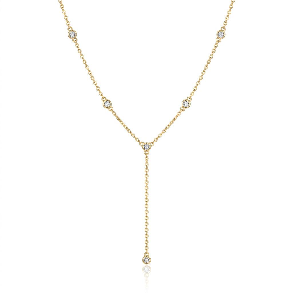 1Pc Golden‑Tone Y‑Shape Lariat Necklace Inlaid Shiny Crystal Bezel‑Set Pendant Dainty Minimalist Neck Chain Jewelry