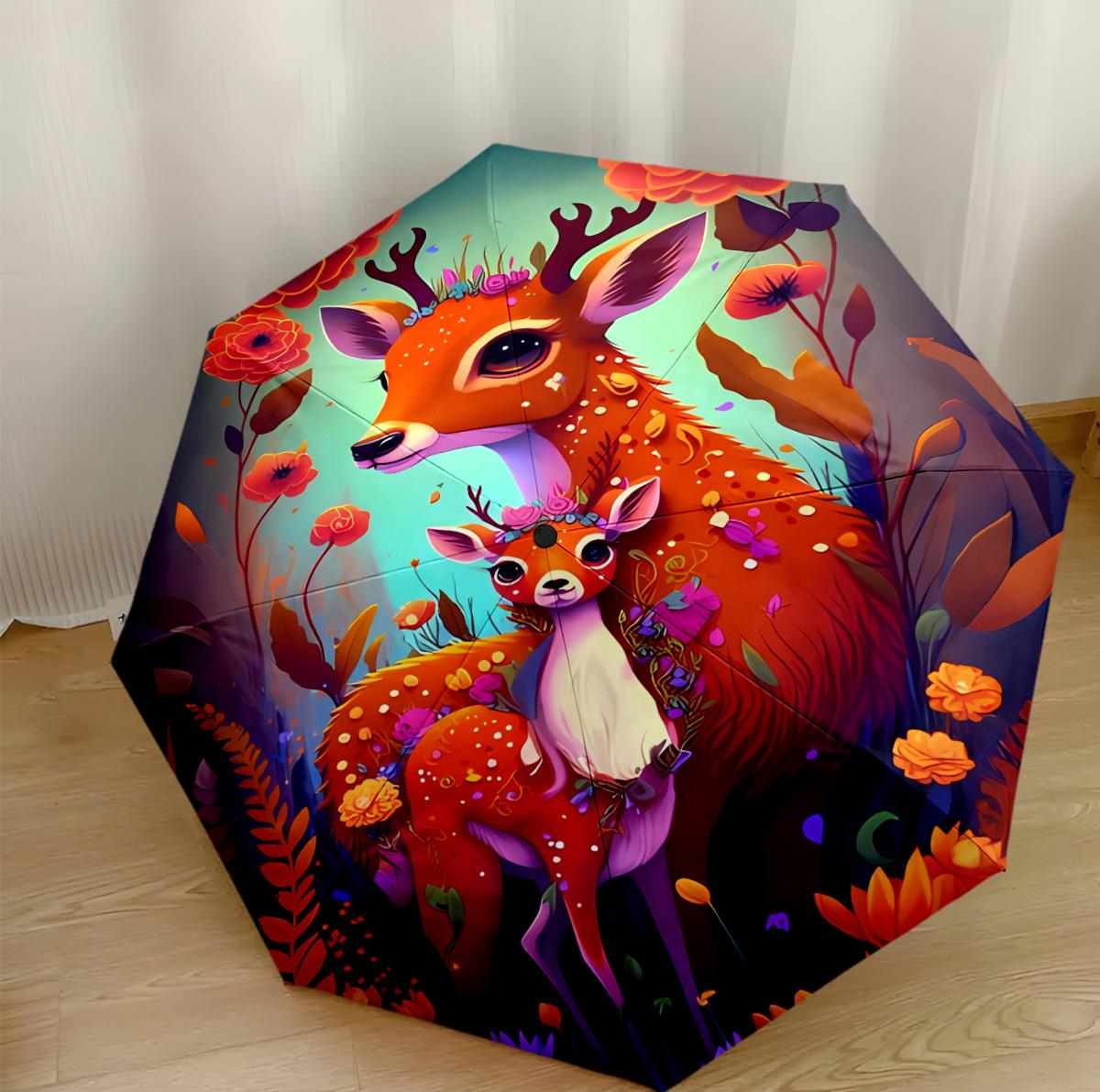 

Deer In Floral Fantasy Compact Travel Automatic Umbrella Compact 8-Rib Design Sturdy Construction Durable Everyday Carry Umbrella Stylish Accessory