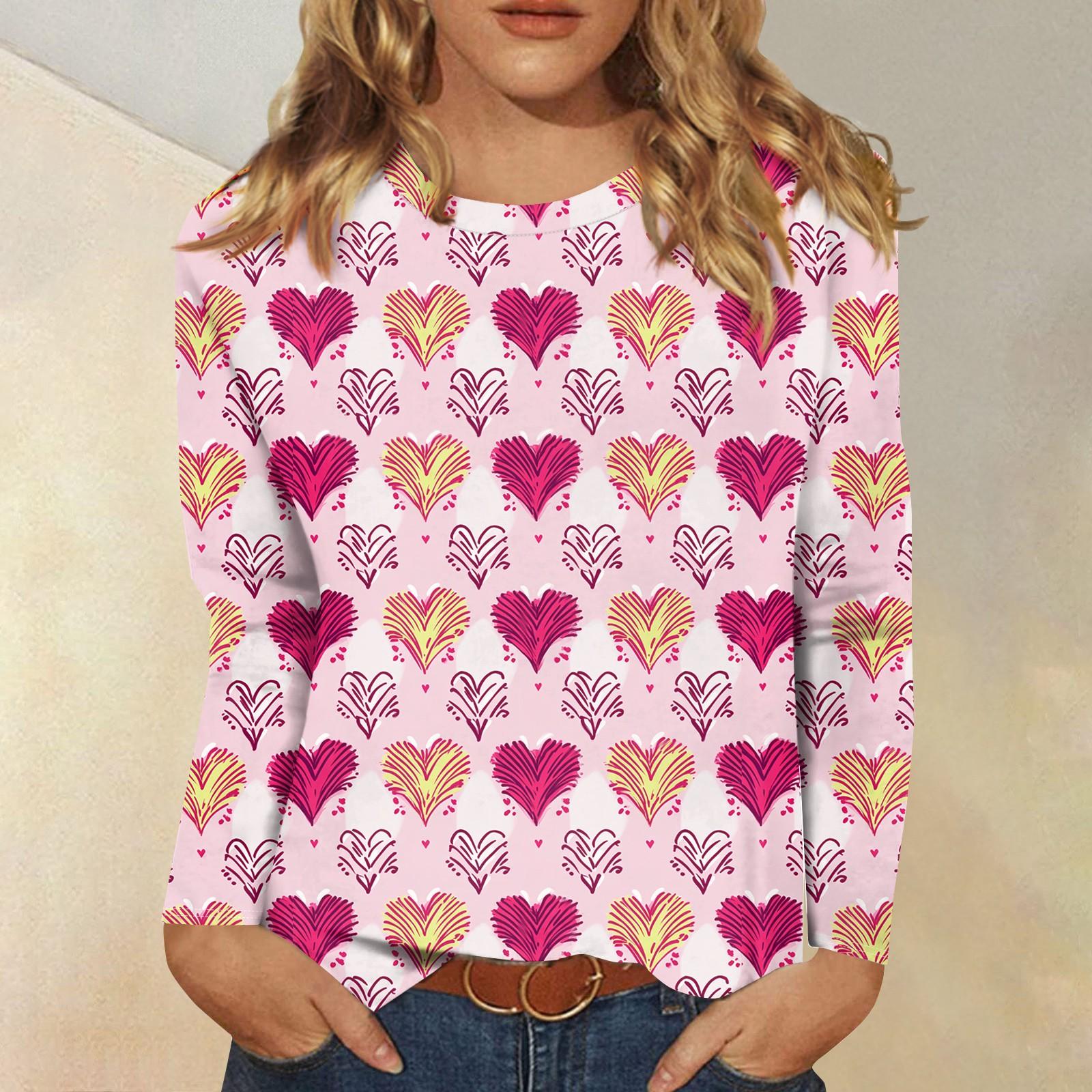 

Рубашки с длинным рукавом для женщин Милые принты Футболки Блузки Повседневные Большие размеры Базовые топы Пуловеры День святого Валентина XXXL