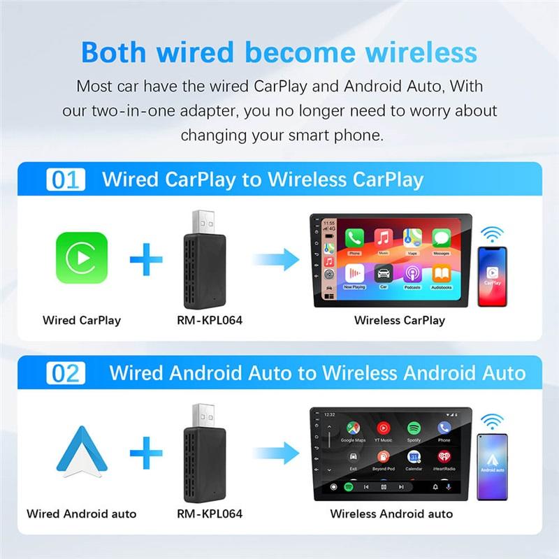 2in1 Wired To Wireless CarPlay Android Auto Adapter for OEM Car Stereo With USB Plug and Play