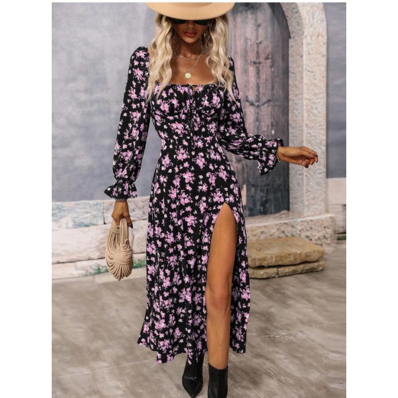Women Elegant Floral Printed Long Dresses Casual Off-shoulder Puff Long Sleeves Ladies Side Split Dress Female Clothing