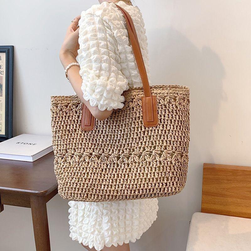 

Hollowed-out Straw Woven Bag High-end One-shoulder Hand-woven All-matching Large-capacity Tote Vacation Beach Women хакі