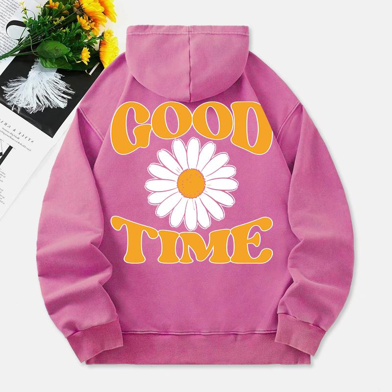 Gute Zeit Gewaschene Hoodies Damen Chrysanthemen-Drucke Baumwoll-Pullover Bequem Tasche Übergroße Kapuzen-Tops