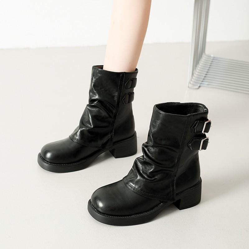 Large Size Short Boots for Women's Autumn and Winter New Belt Buckle Trousers Single Boots for Women's Thick Heel Leather Boots Short Short Boots for