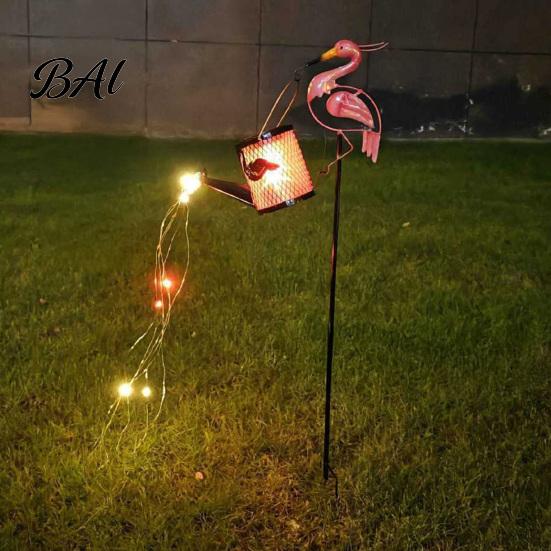 Unique Housewarming Gifts for Gardeners Flamingo Garden Statue with Solar Watering Can Lights, Decorative Iron Outdoor Light Strings Lawn Ornament