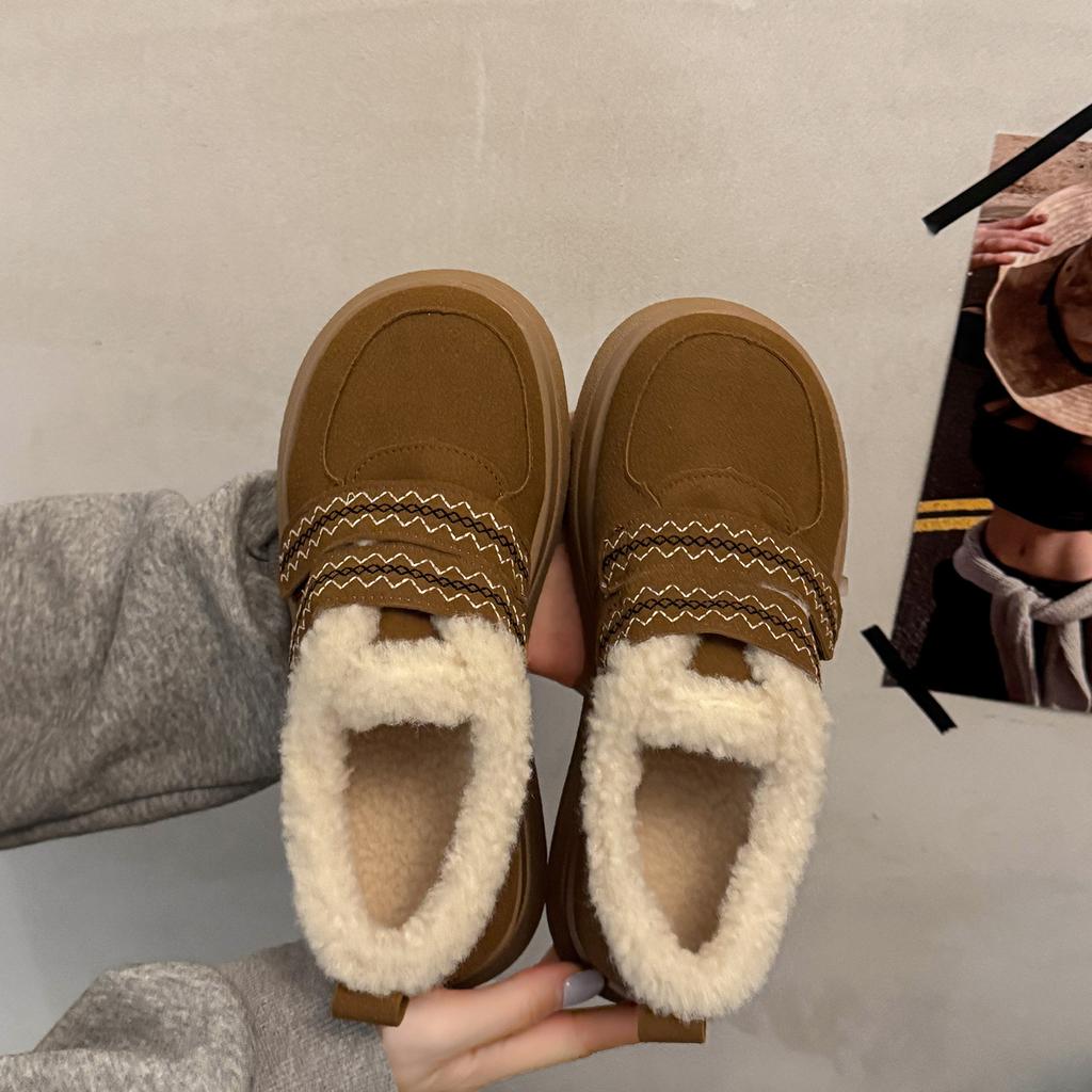 Retro Brown Thick-soled Piled Thickened Snow Cotton Shoes Women's 2025 New Winter Heightening Warm Mao Mao Boken Shoes