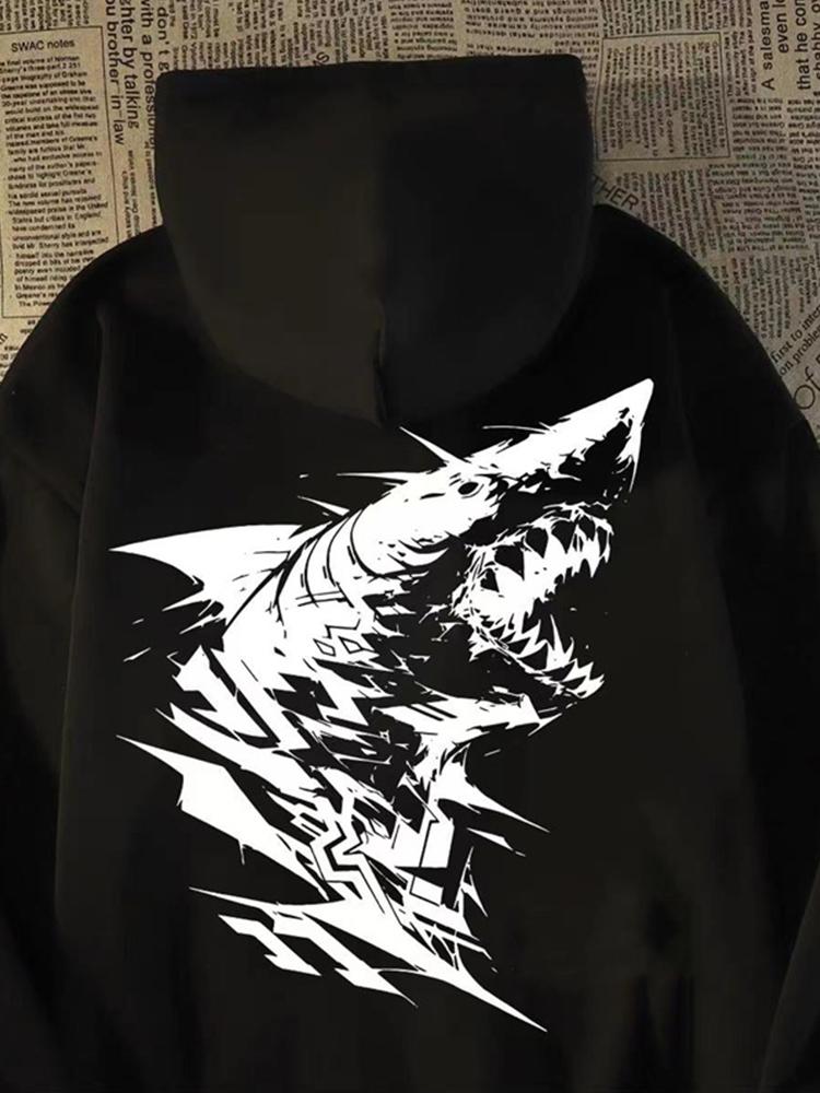 2025 Autumn Gothic Shark Printed Hoodies Men's Hip Hop Fashion Cotton Fleece Hooded Sweatshirts Y2K Streetwear Hoody Clothes