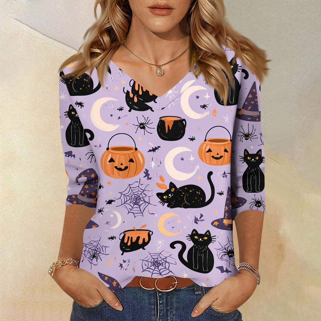 Women's Casual Halloween Print V Neck Three Quarter Sleeve Top Lightweight Soft Fabric Comfortable Fit