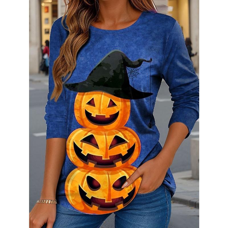 2025 Women Casual Long Sleeve Tops Graphic Halloween Pumpkin Tee Shirts Blouse Crewneck Fall Winter Streetwear Style Pullover