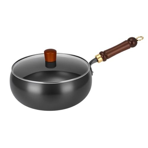 11-inch/28cm Wok with Glass Cover, Large Capacity Iron Frying Pan, Uncoated, High-Temperature Refined, Anti-Oil Splash Design, Gas/IH Compatible, Prof