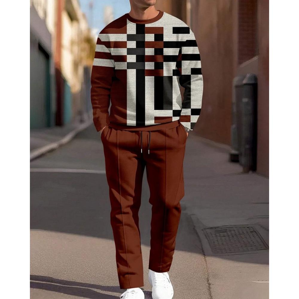 New Round Neck Men's Long Sleeve Pants Set 3d Fabric Suitable for Casual Travel Multi-Scenarios Sport Two-Piece Set