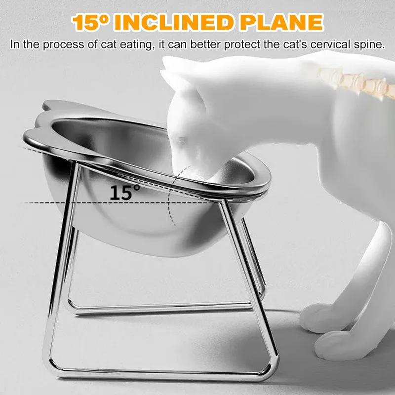 Stainless Steel Pet Bowl with Anti-cervical Spine Slant, Cat and Dog Dual Feeding Device