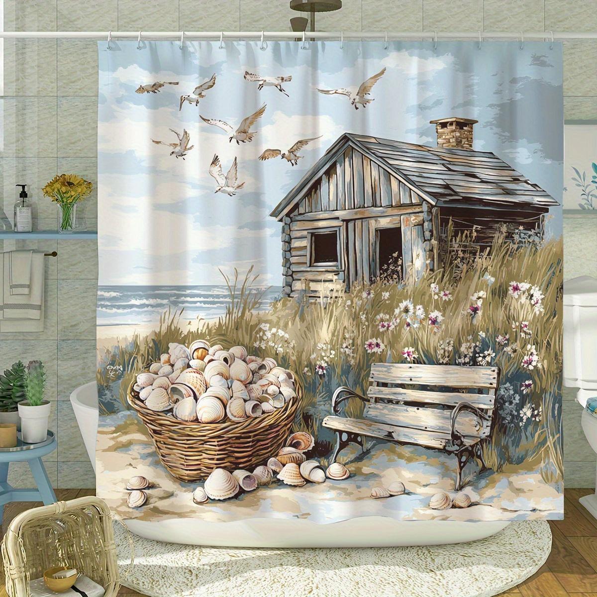 

1 Beach House Themed Shower Curtain - High Quality Polyester Fabric, Digitally Printed Coastal Pattern, Includes Beach House W60H190(CM)-1 Pcs