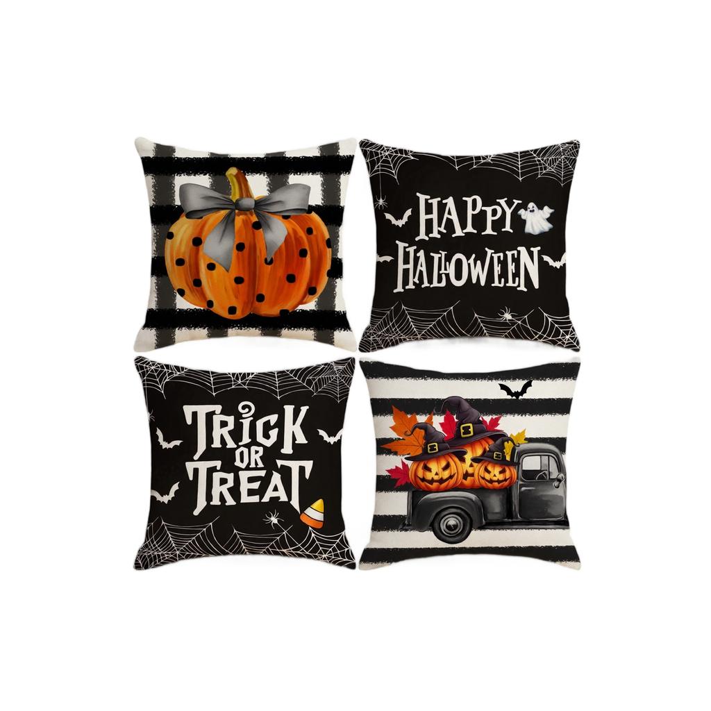 4PCS Halloween Pillow Covers Set Decorative Sofa Cushion Covers Skull Bat Skeleton Print Square Pillowcases 45x45cm Without Insert