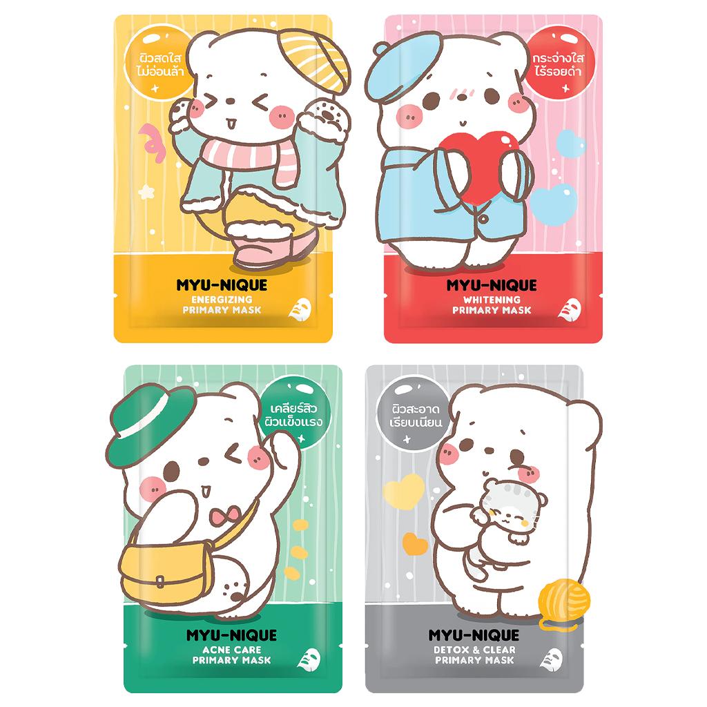 Sada primárních masek Myu-nique (Energizující, bělící, péče o akné a Detox & Clear) 25 g. x 4 ks / 8 ks - Thajská péče o pleť