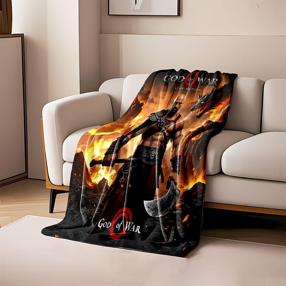 A warrior with armor and axe amidst fiery landscape and a dragon. for all seasons blanket lunch break throw gift 80cm x 120cm