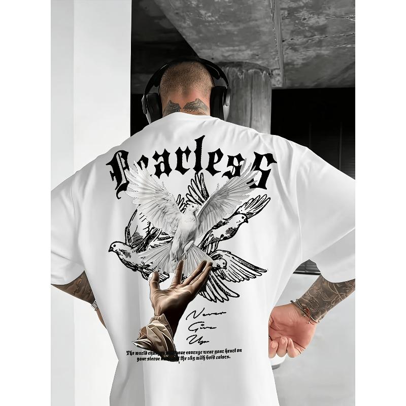 European sizes Men'S American Street Retro Style Fearless Gothic Letter And Dove Illustration Slogan Print Short Sleeve Shirt
