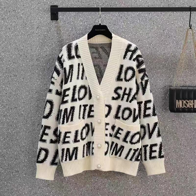 

Весенне-осенний новый контрастный свитер-кардиган модный с буквенным принтом универсальный свободный повседневный вязаный жакет One Size