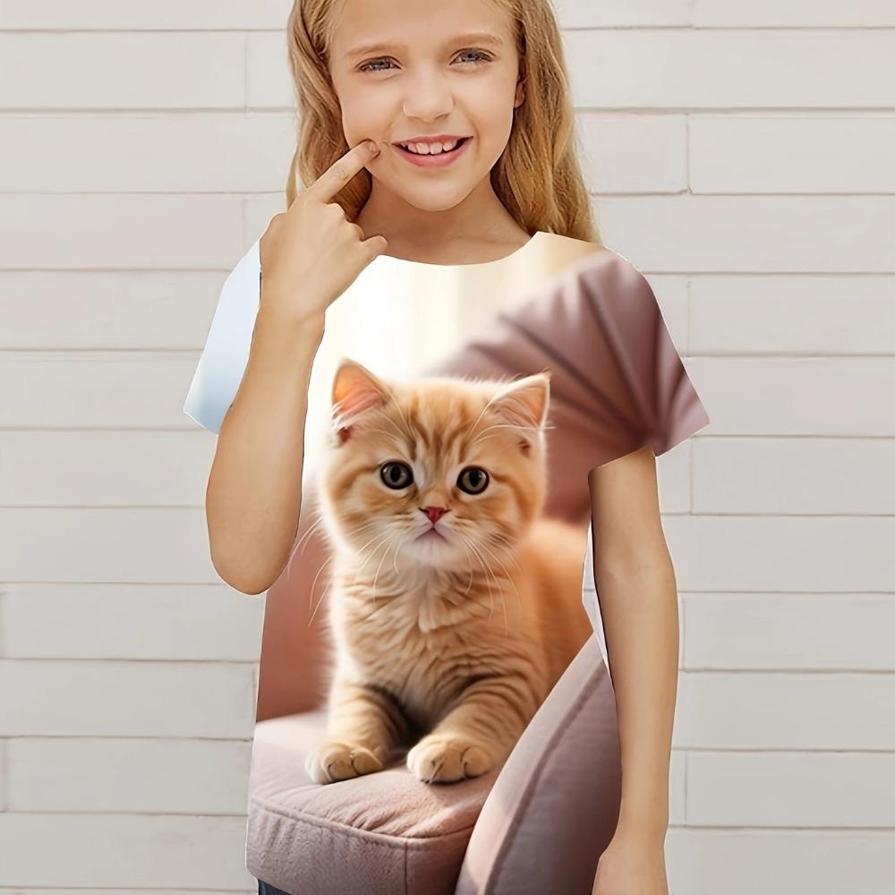 Children's Clothing Cute 3D Cat Graphic Print Short Sleeve Tops Casual Pullover  Boys Girls Summer