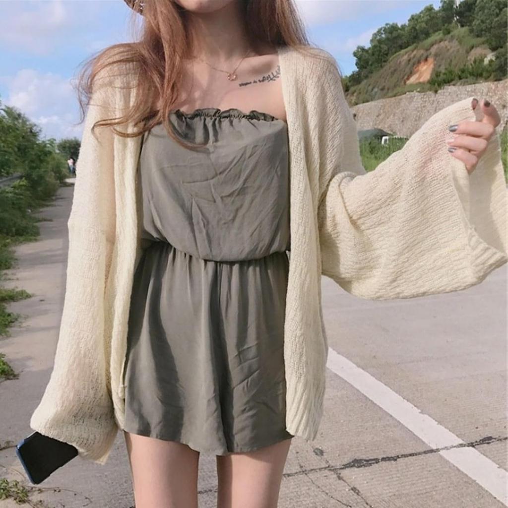 Lamerry Durchsichtiger Sommer-Strick-Bikini-Schutzaprikose Kostenloser Badeanzug, Strickjacke, Oberteil, Schutz, Durchsichtige Strandbekleidung, Überwurf, Körperbedeckend, Damen, Weiß, (JP,