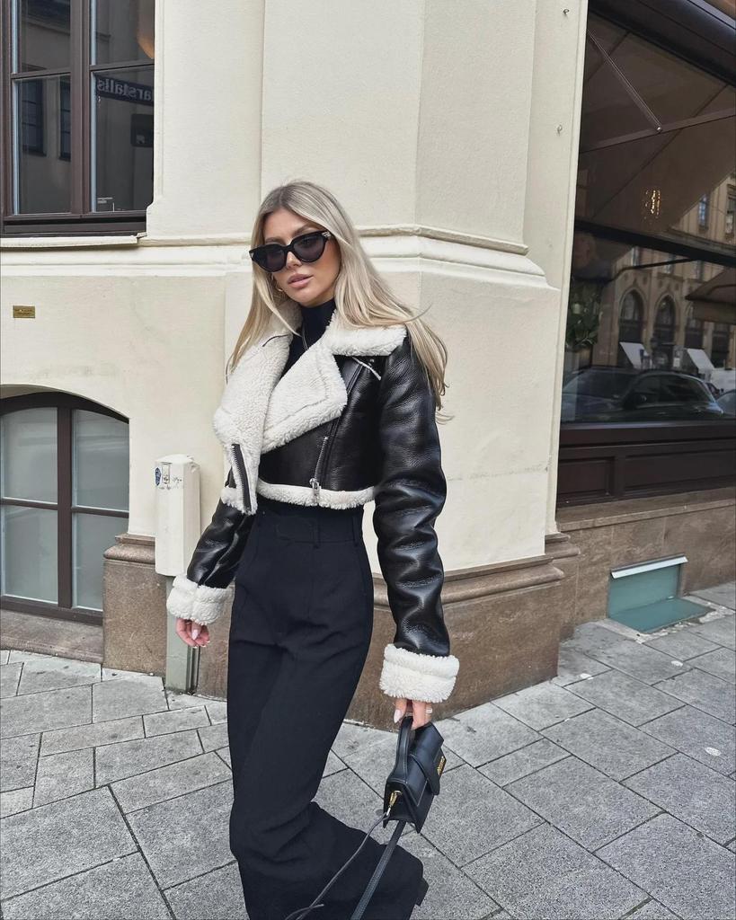2023 Black Leather and White Fur Short Motorcycle Jacket - Autumn/Winter Street Style