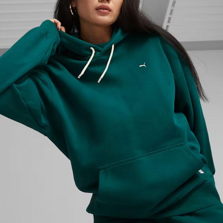 PUMA Logo Embroidered Long-Sleeve Hoodie Sweatshirt Unisex Tops Olive-Green 620819-43