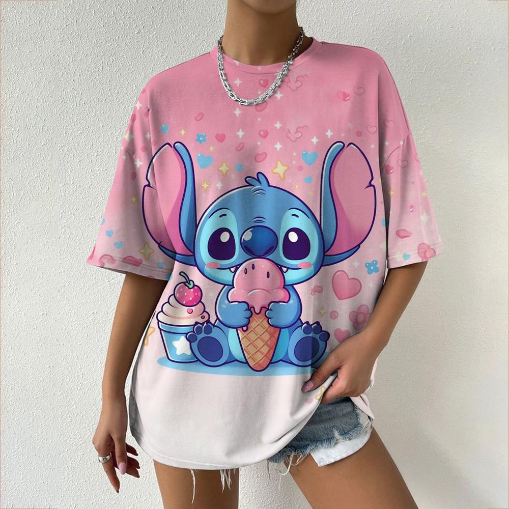 Kawaii Women's T-shirt Disney Lilo&Stitch Casual Y2k T-shirt Round Neck Short Sleeved T-shirt 2025 Summer Women's Clothing