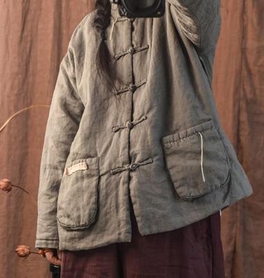 Frauen Vintage Warme Parkas Stehen Ramie Taste Mäntel Herbst Winter Langarm Parkas Taschen Chinesischen Stil Parkas