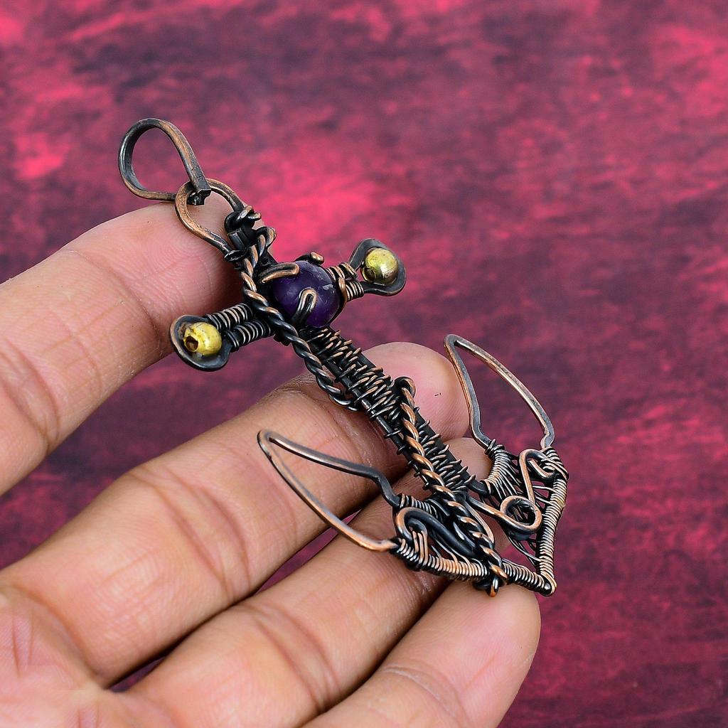 African Amethyst Gemstone Pendant Anchor Jewelry Copper Wire Wrapped Handmade Pendant