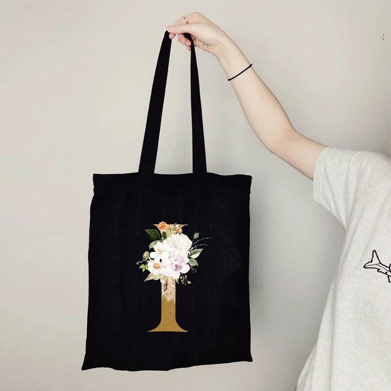 Gold Letter Flower Canvas Bag Women's Shopping Bag Reusable Large Capacity Portable Handbag Harajuku Student Shoulder Bag