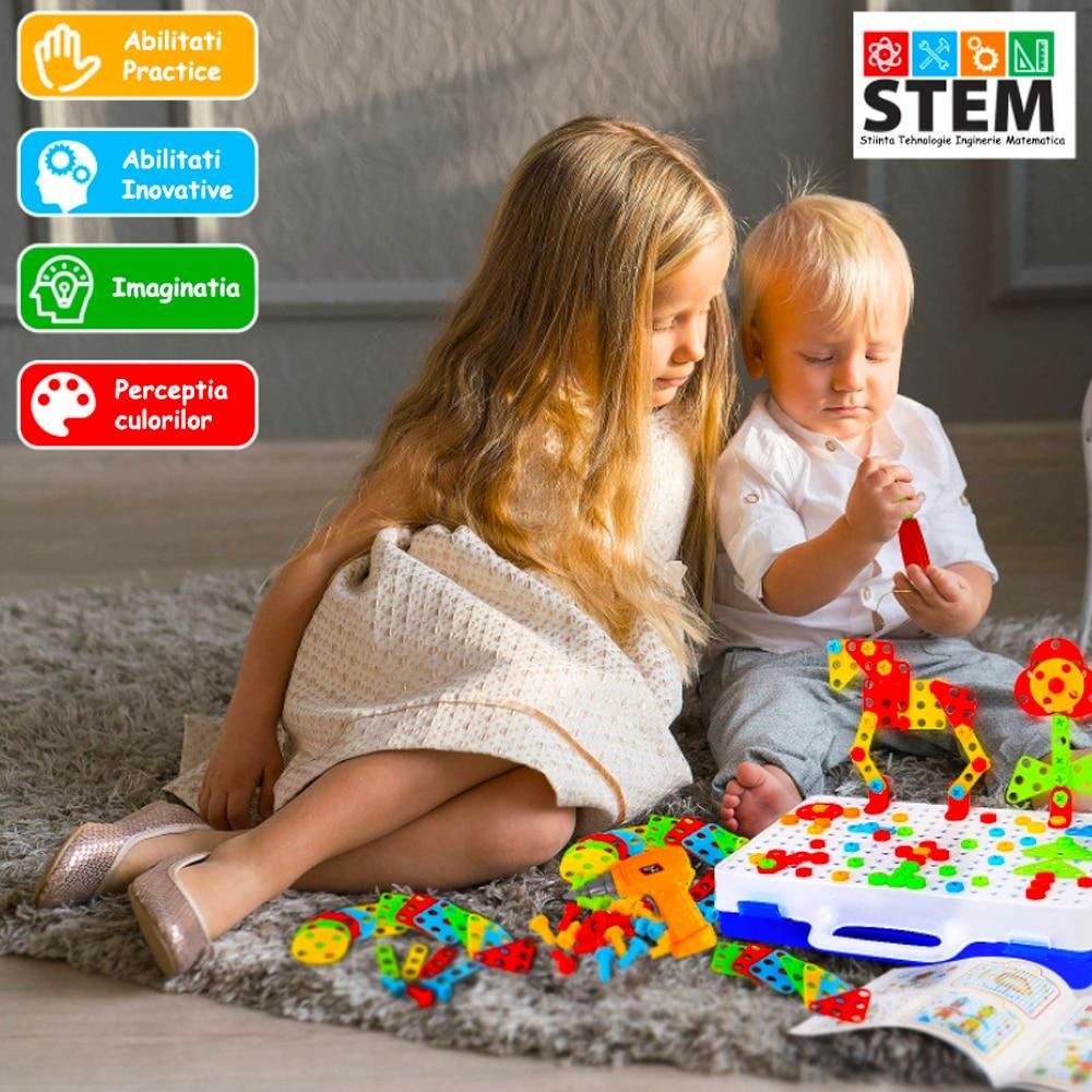 STEM Educational Interactive Toy, 237 Pcs ABS Building Blocks Set with Electric Drill for 2D/3D Engineering Construction, Portable Storage Case