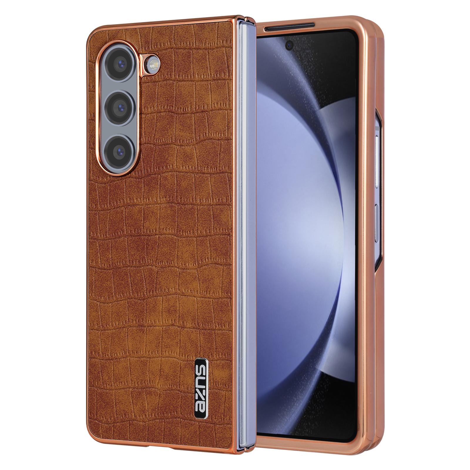 

For Samsung Galaxy Z Fold5 5G Case Crocodile Texture PU Leather+PC Phone Cover Brown