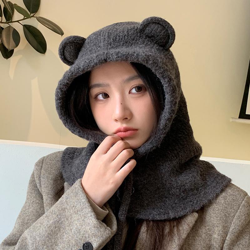 Sweet and Cute Bear Ear Wool Hat In Autumn and Winter Thickened Warm Scarf Integrated Hat Outdoor Cold Ear Protection Hat