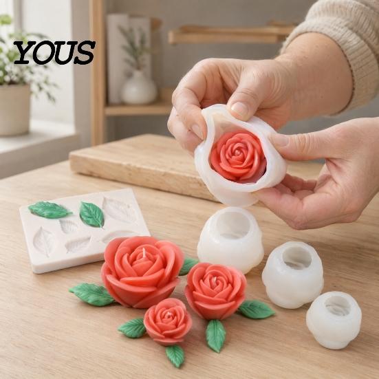 Flexible Flower Mold 4Pcs Silicone Mold, DIY Rose Candle Soap Making Epoxy Resin for Chocolate, Baking Craft Gift