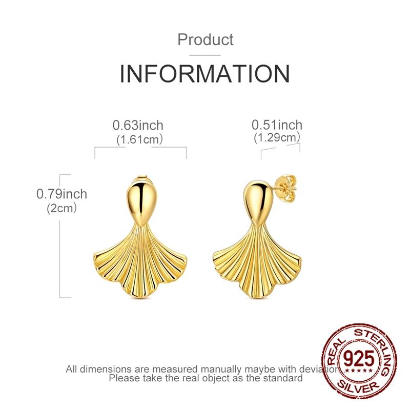925 Sterling Silver Golden Ginkgo Leaf Drop Earrings Textured Shell Fan Ribbed Dangle Earrings Jewelry Gift for Women Girls
