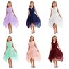 Girls Flowing Solid Chiffon Dress V Neck Sleeveless Asymmetric Hem Pleated Waist Party Performance Dress