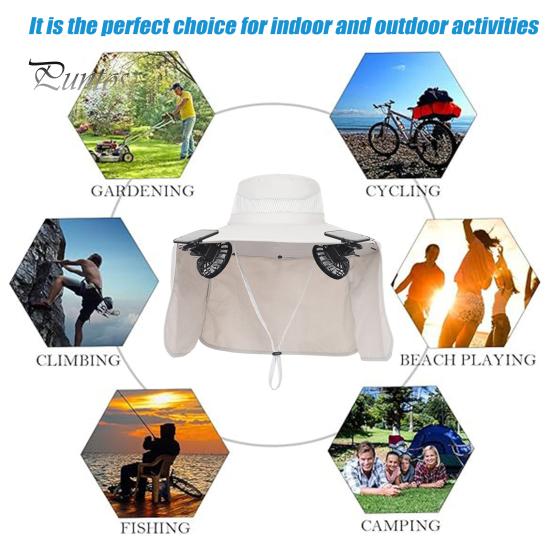 Solar Fan Hat with Neck Flap UPF 50+ UV Protection Hat with 2 Solar Fans Breathable Men Summer Outdoor Activities Fishing Wide Brim Bucket Cap