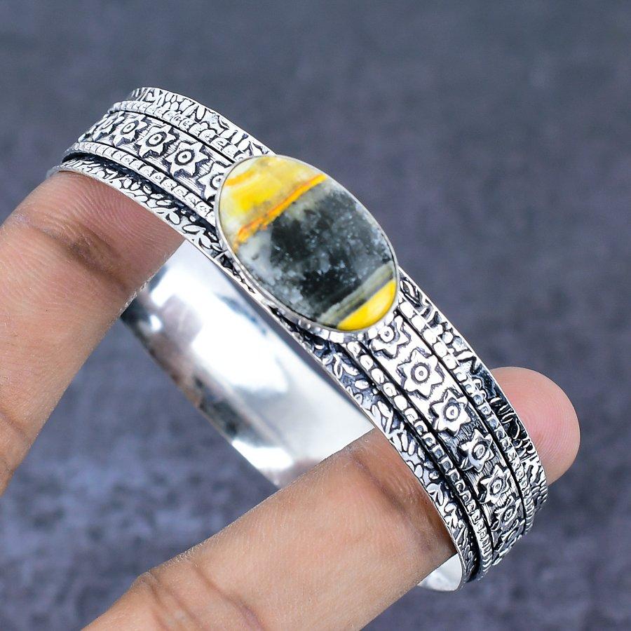 Natural Bumble Bee Jasper Gemstone 925 Sterling Silver Cuff Bangle 7.5" D5a27