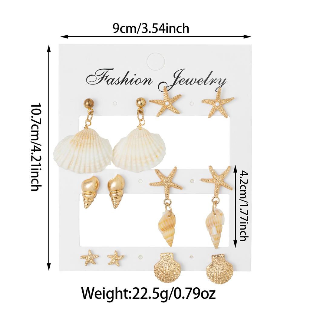 6 Pairs of Women's Ocean Style Shell & Starfish Earring Set, Summer Vacation Style Natural Conch Earrings